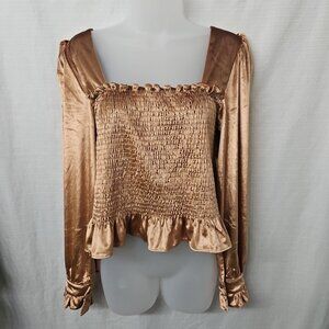 Womens Sz Med Bronze Velevet Blouse Smocking Coquette Renaissance Boho Romantic